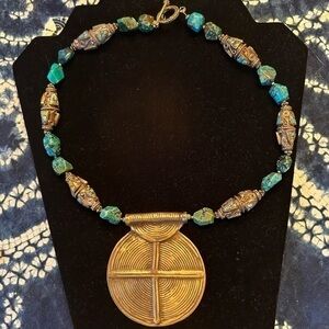 Vintage Tibet Brass Inlaid Turquoise Beads Large Medallion Statement Necklace